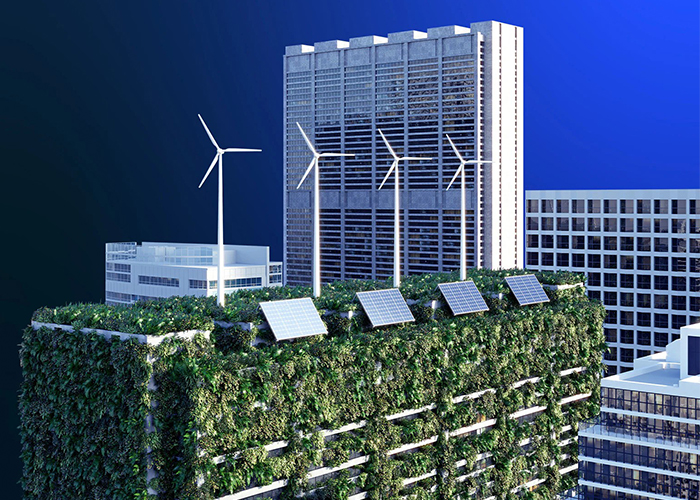 A green building rooftop covered in vegetation, equipped with solar panels and wind turbines, surrounded by modern city skyscrapers.